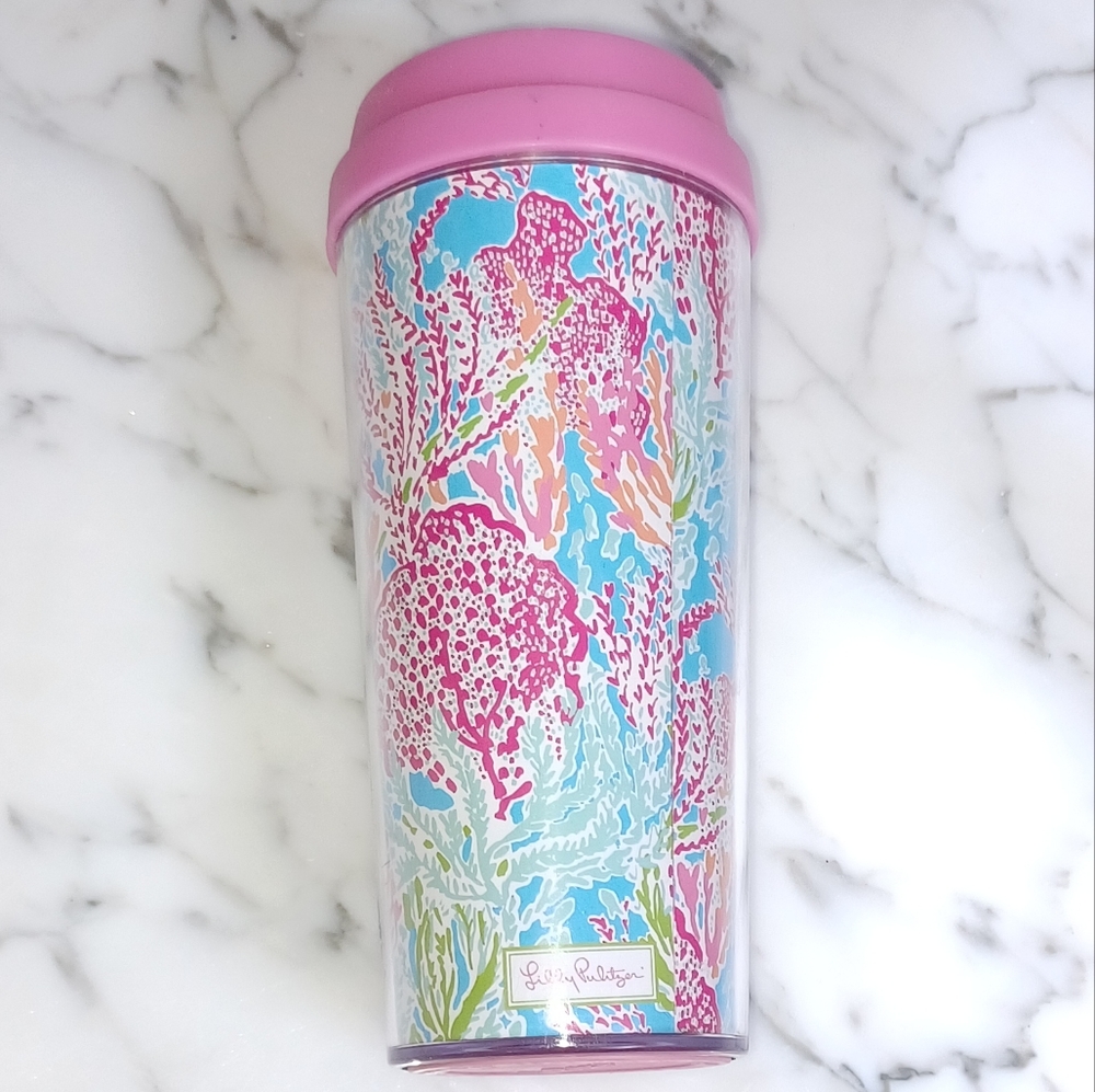 Lilly Pulitzer Let's Cha Cha multi print Summer 2013 pink lid 16 oz Travel mug